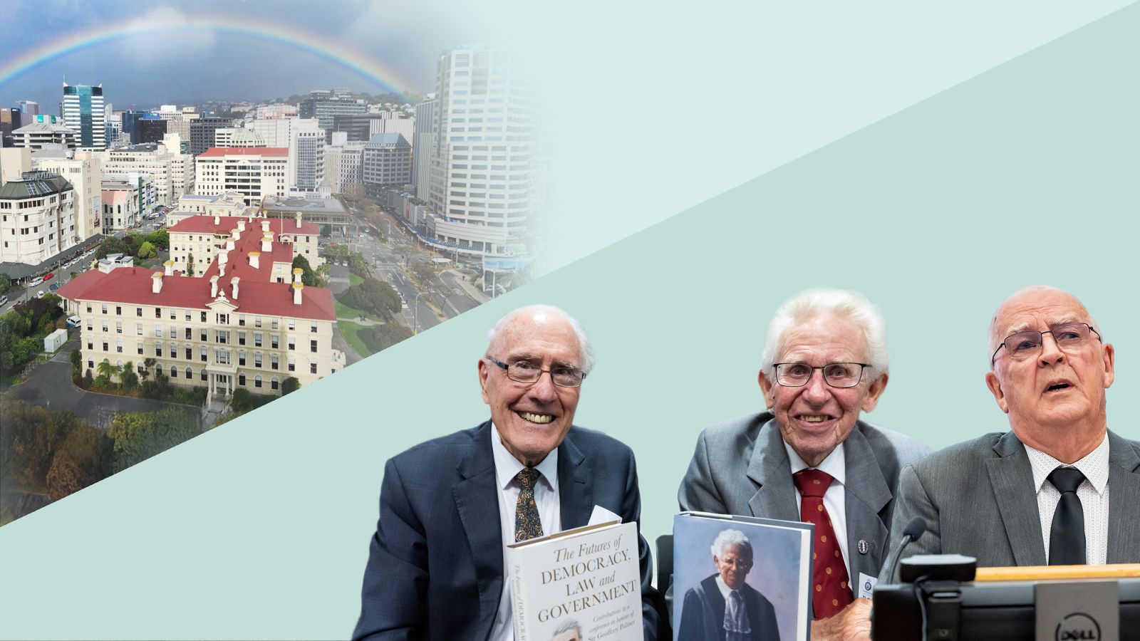 A composite image of an old building in the top left corner, with a group of older men in the bottom right corner.