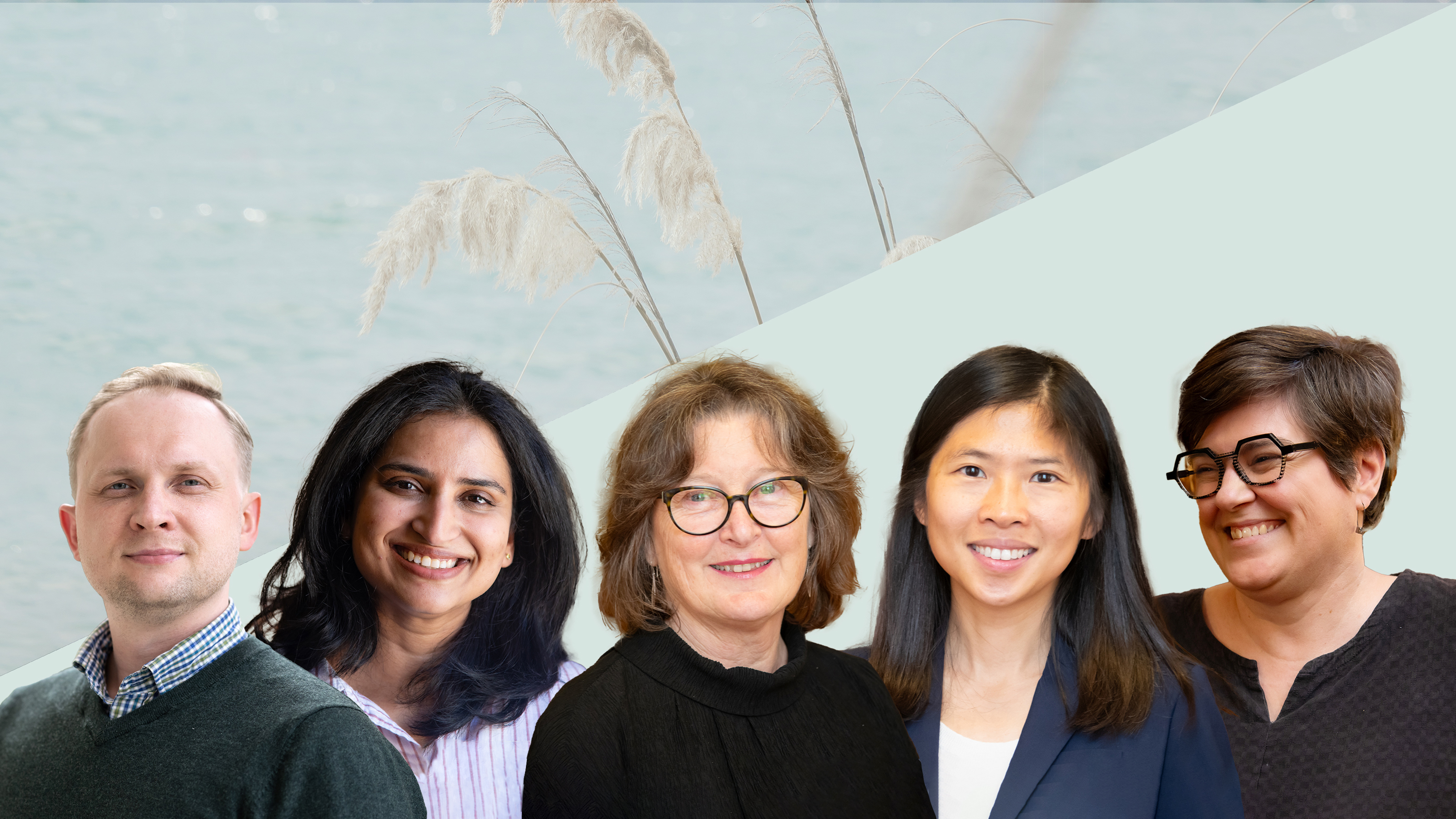 A composite image of five different people smiling to the camera.