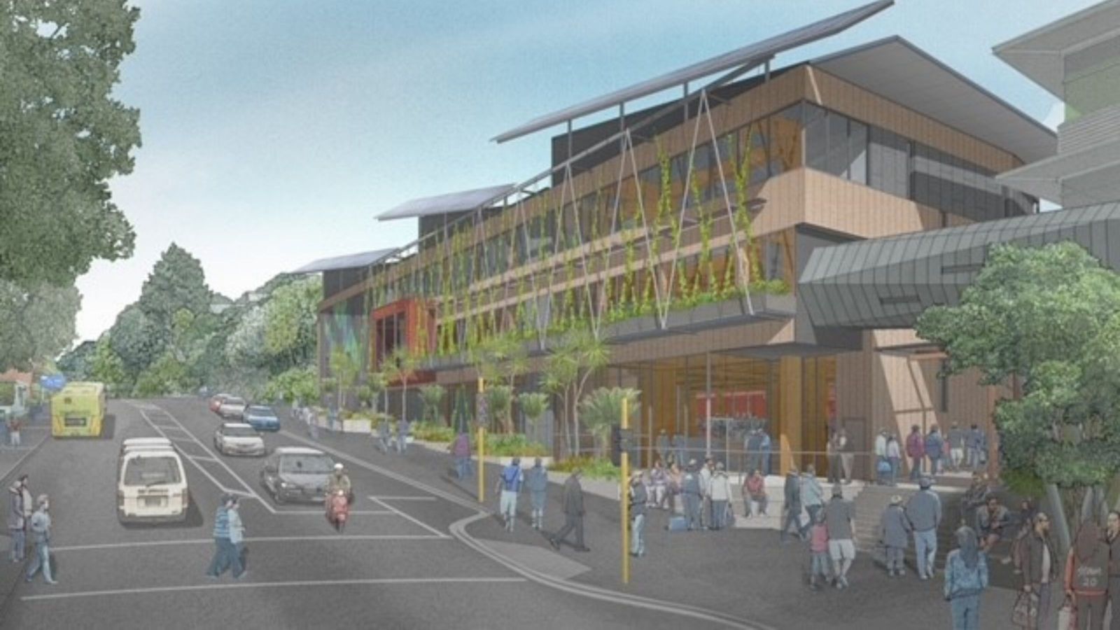 architect drawn image of wooden building with greenery on front