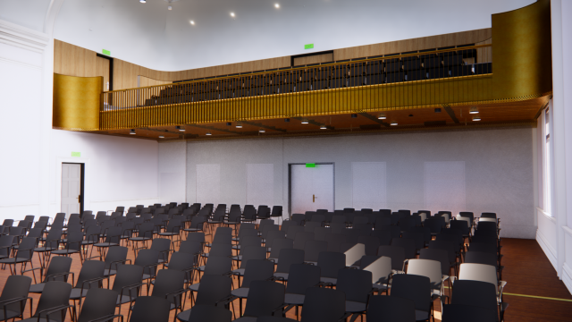Digital drawing of empty room with banks of chairs