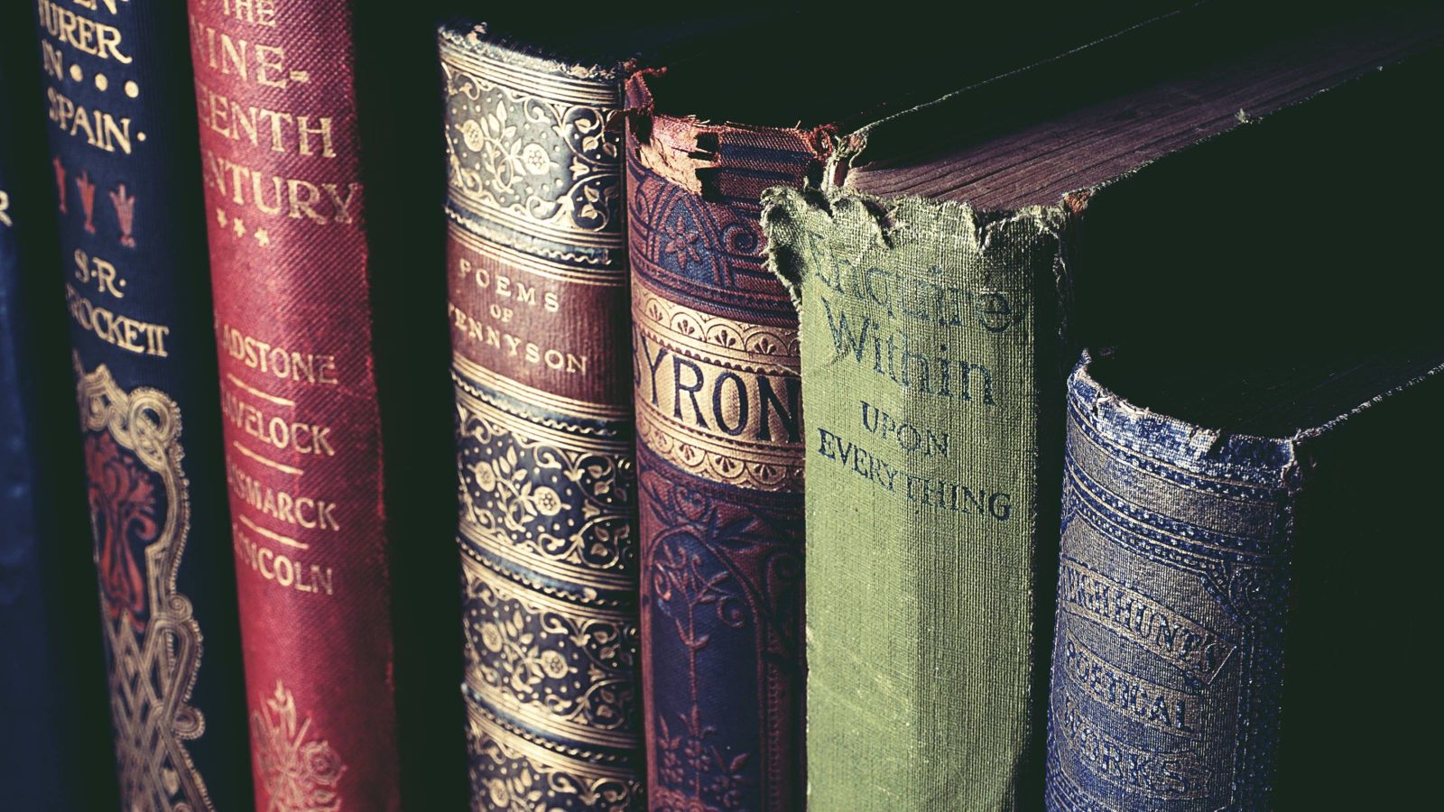 Row of six books on a shelf