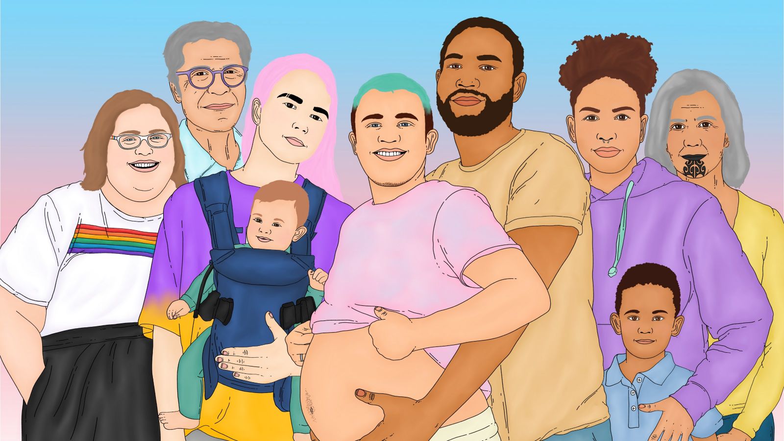 graphic representation of pregnant non-gendered person and their family, including young children and visibly maori people