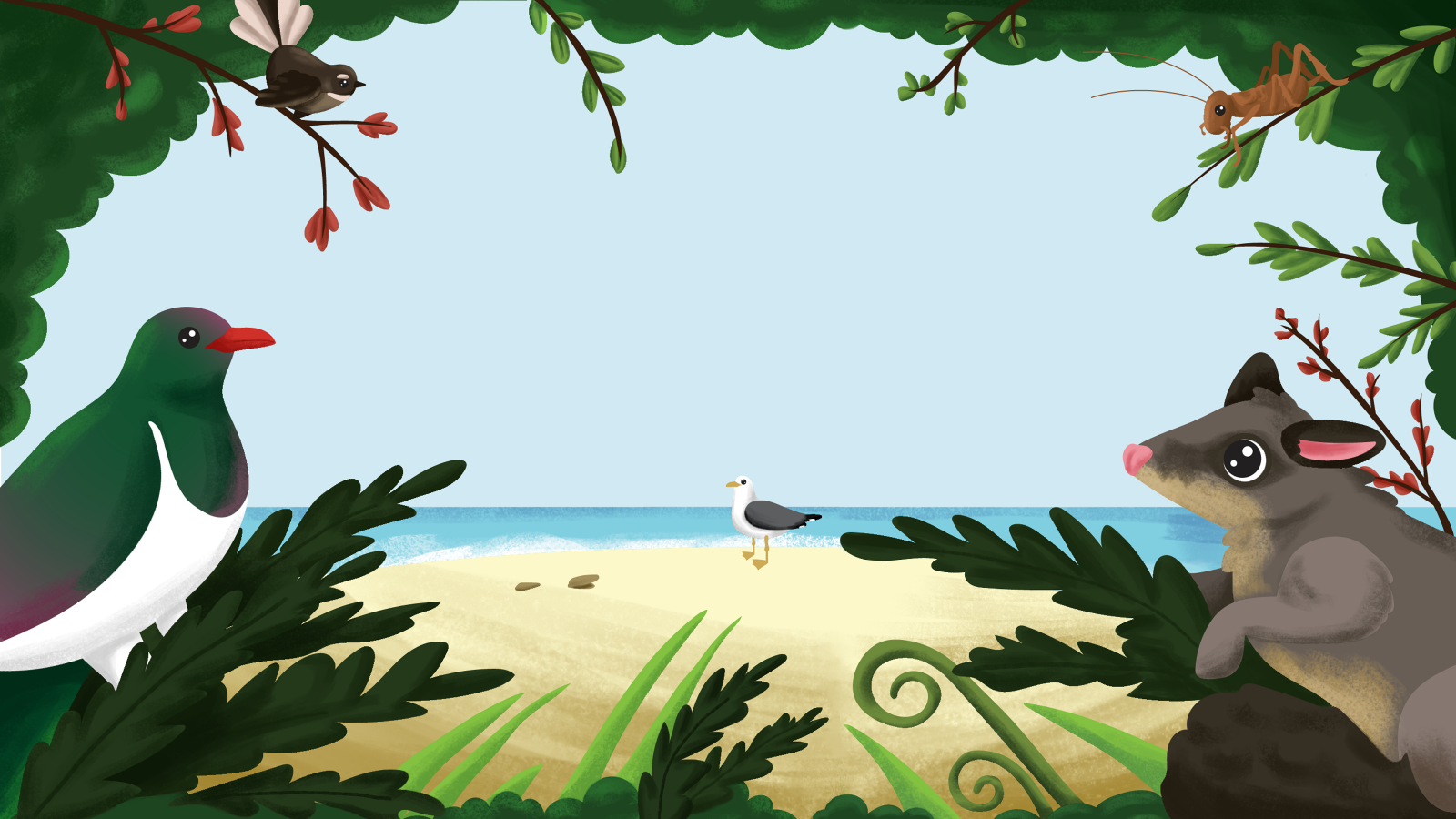 graphic image with kereru on one side, rat on another, plus other native animals on branches framing a beach scene