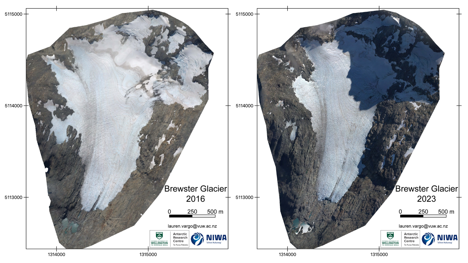 Two aerial images of glaciers side by side, one with distinctly less ice coverage than the other.