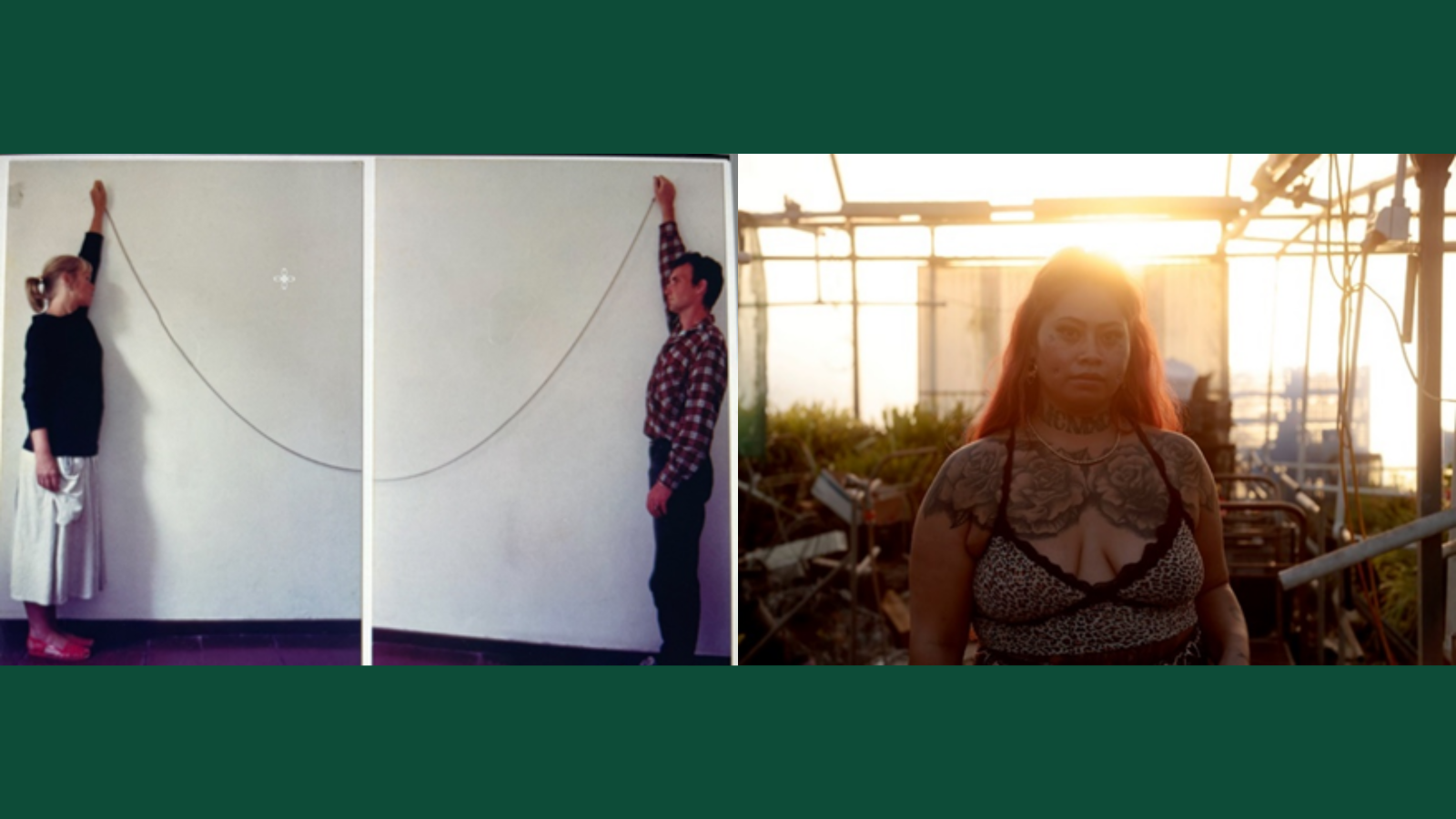 Image on left depicts two people standing against a blank wall holding a piece of string between them. Photo on the right depicts a woman backlit by the sun.