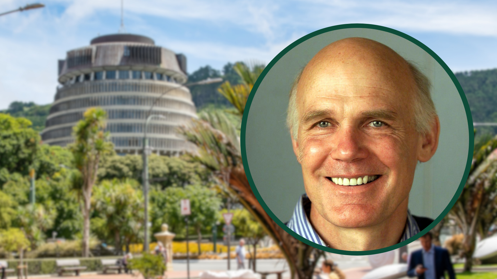 A photo of a smiling man is superimposed in front of the Wellington Beehive.