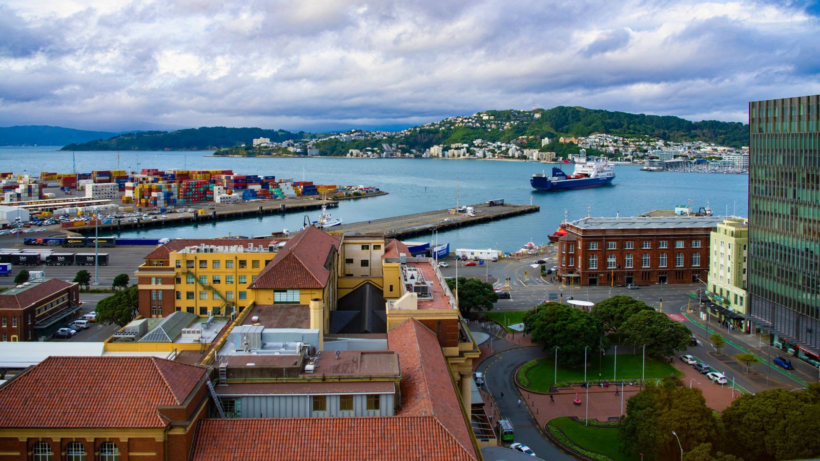 Wellington harbour with the railway station in the foreground. 