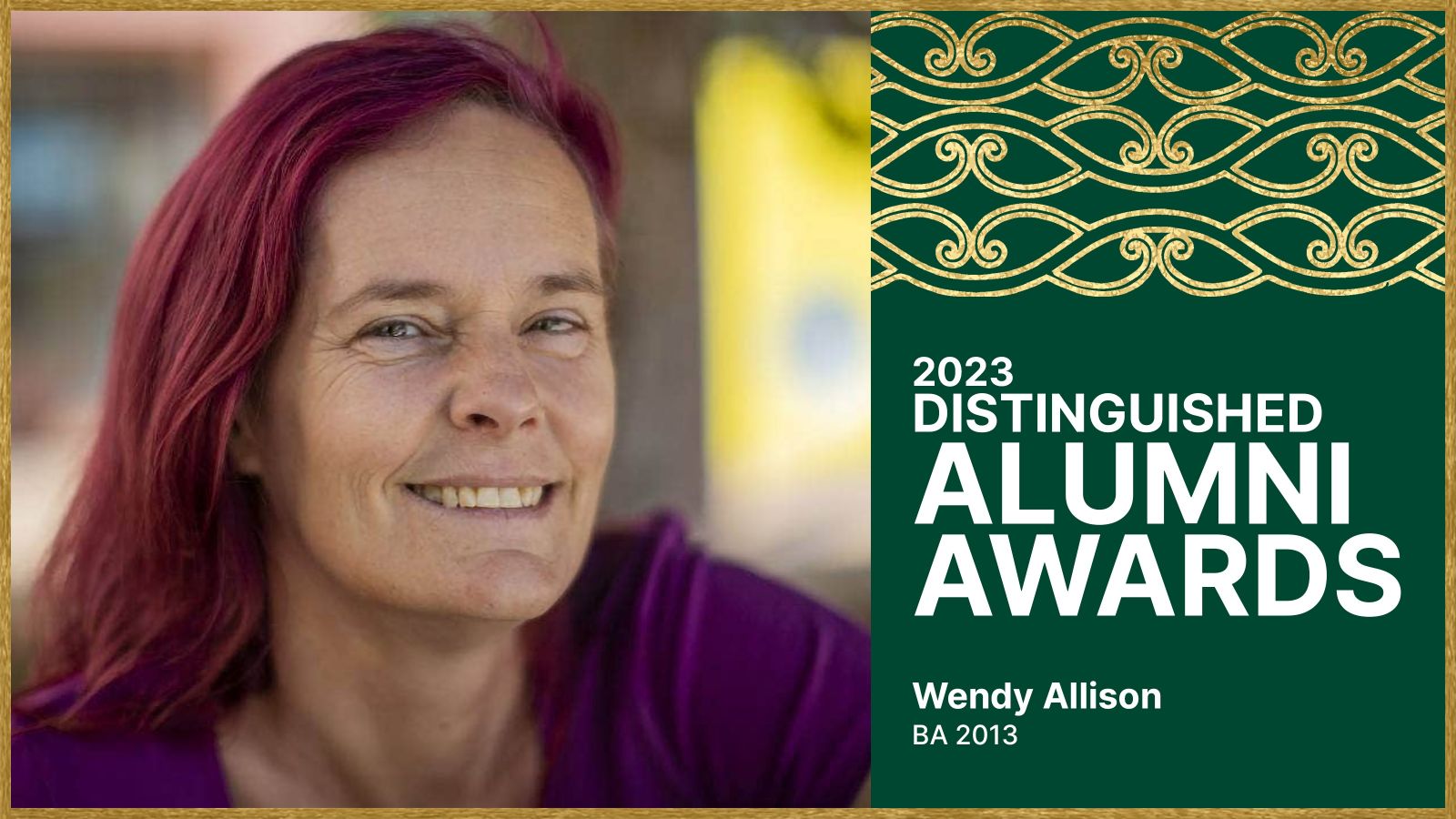 A woman with purple hair smiles at the camera. Text alongside the image says that she's Wendy Allison, 2023 Distinguished Alumni Award winner.