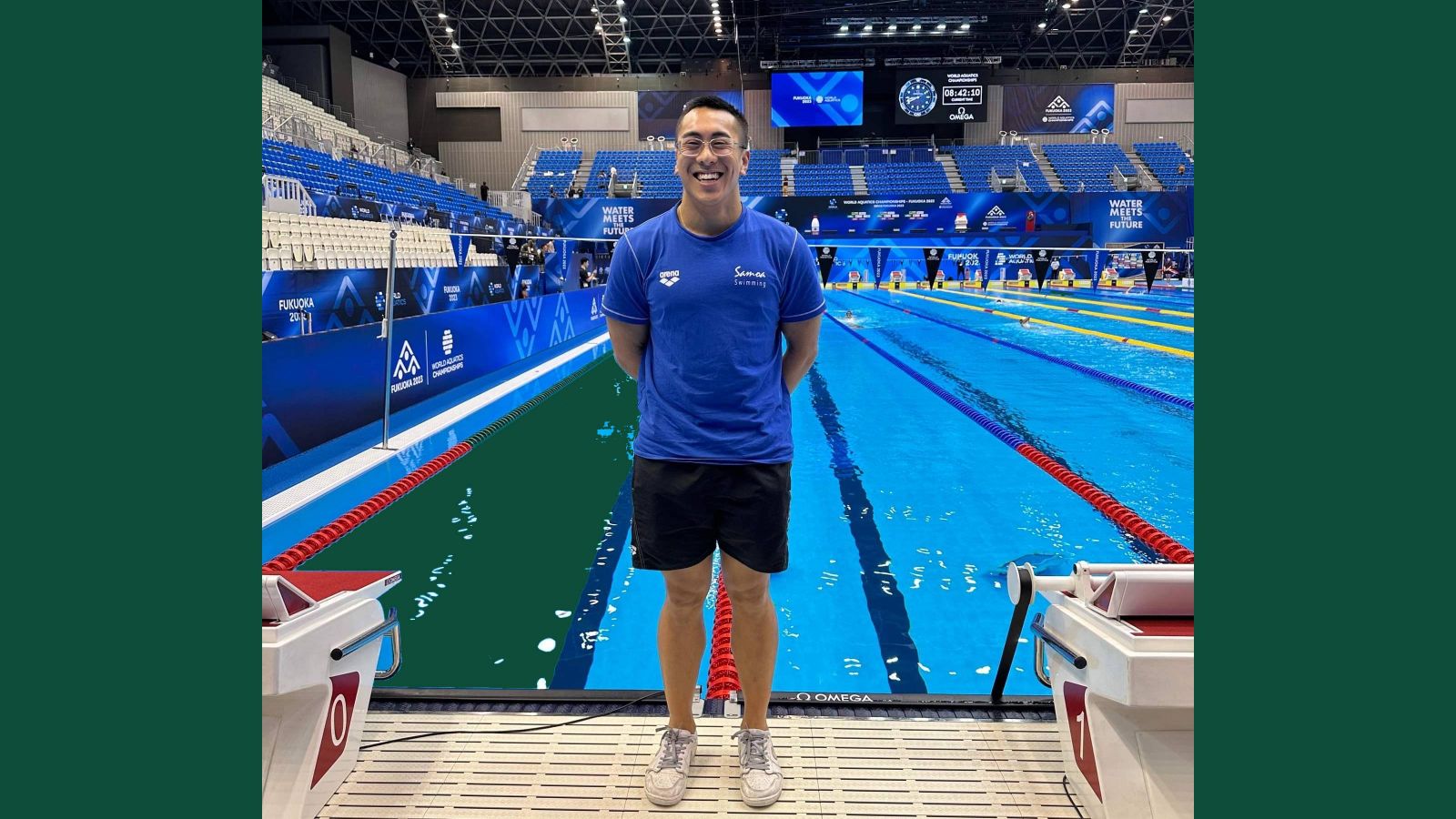 Kokoro Frost is standing at the side of a swimming pool at the World Championships in Japan.