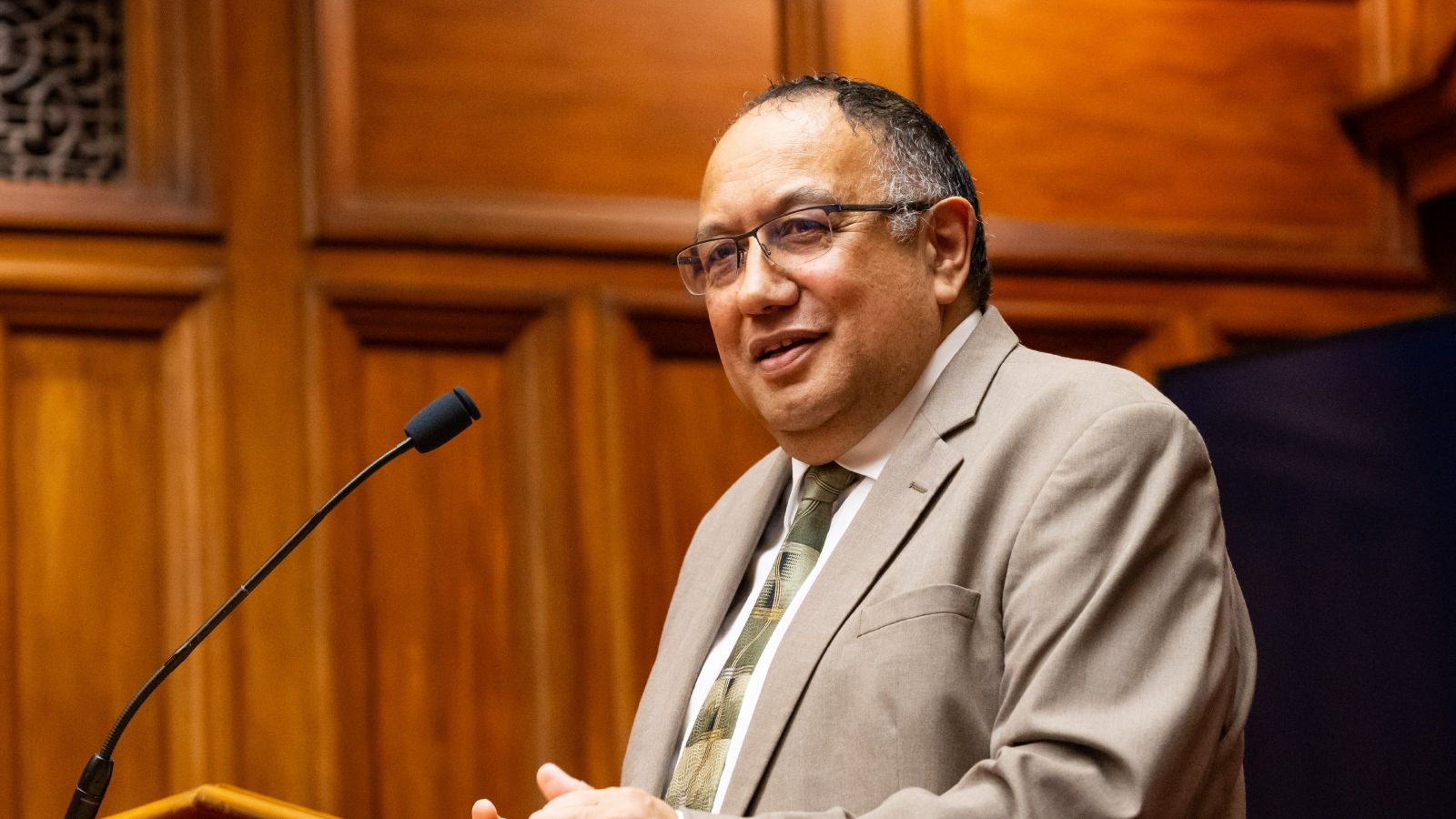 Adrian Rurawhe speaking into a podium at the New Zealand parliament
