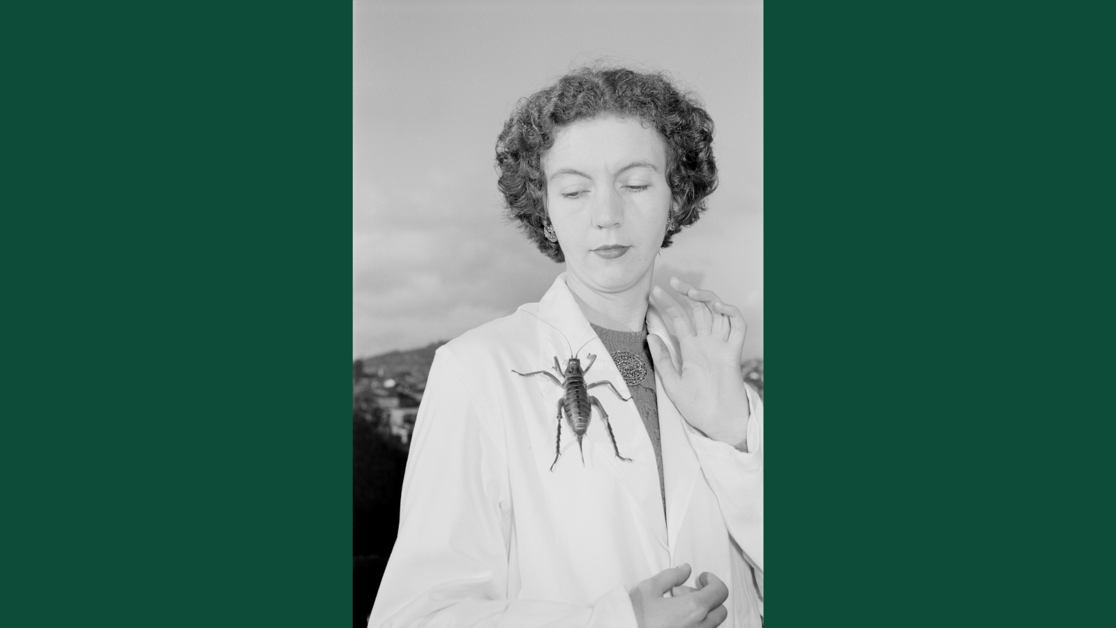 Dr Aola Richards in a white lab coat with a giant wētā on her chest.