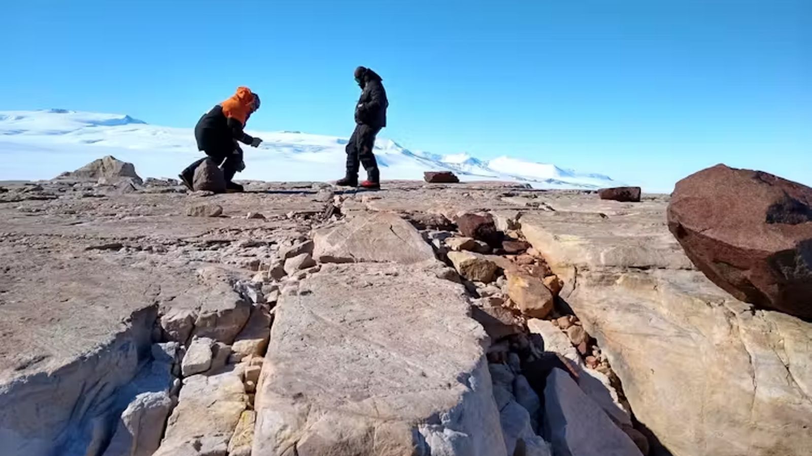 Scientists studying rocks in Antarctica 