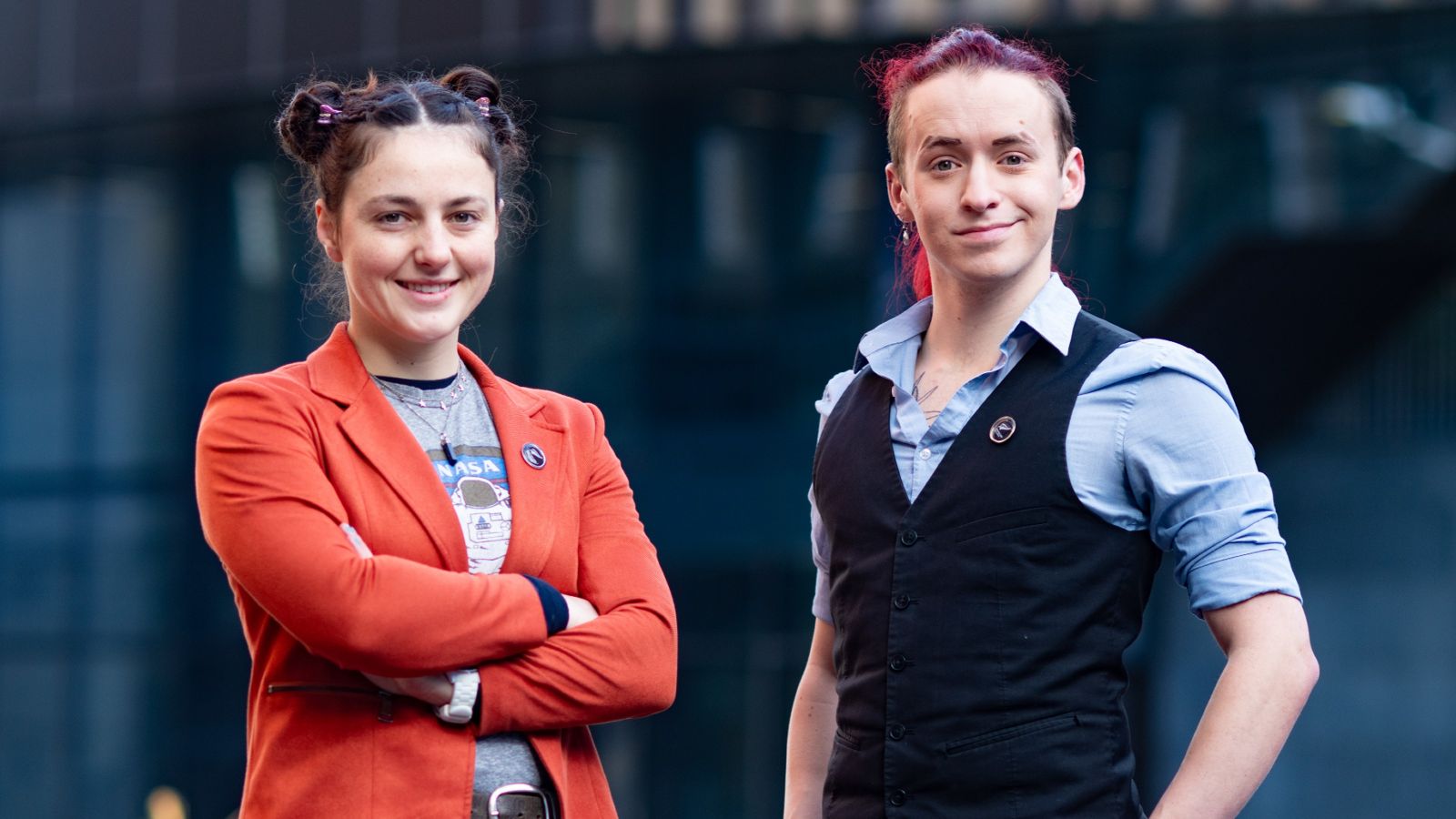 Grace and Faun Students stand together outside