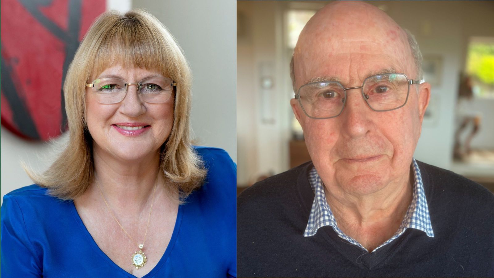 Woman with long bobbed blond hair and glasses, and older man with glasses.