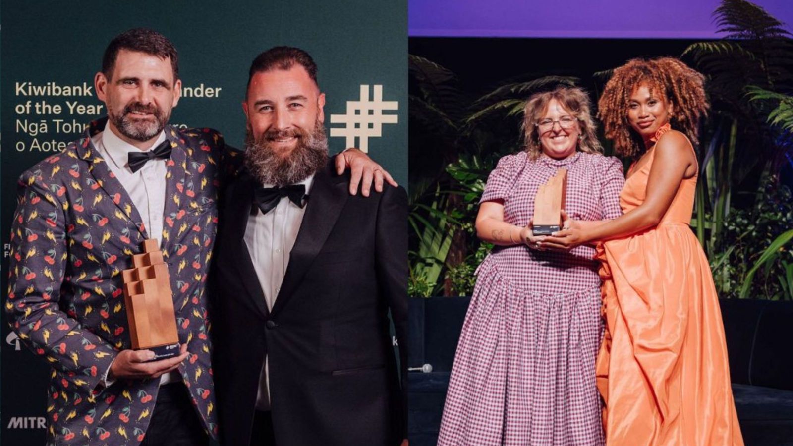 Two photos with two people in them each, one of them holding a wooden award