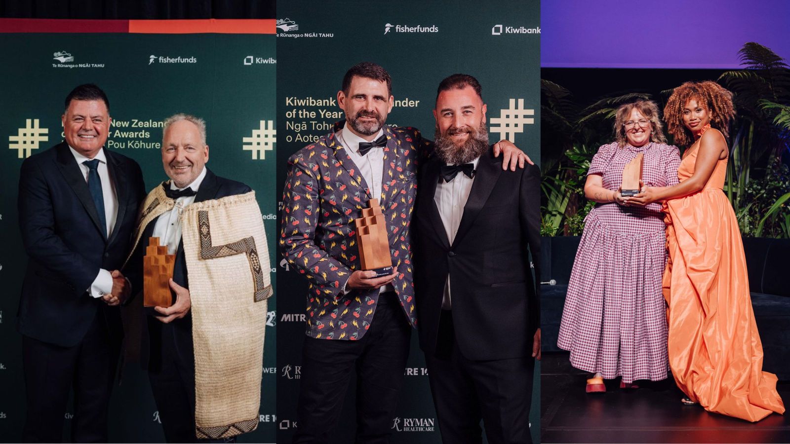 three photos with two people in them each, one of them holding a wooden award