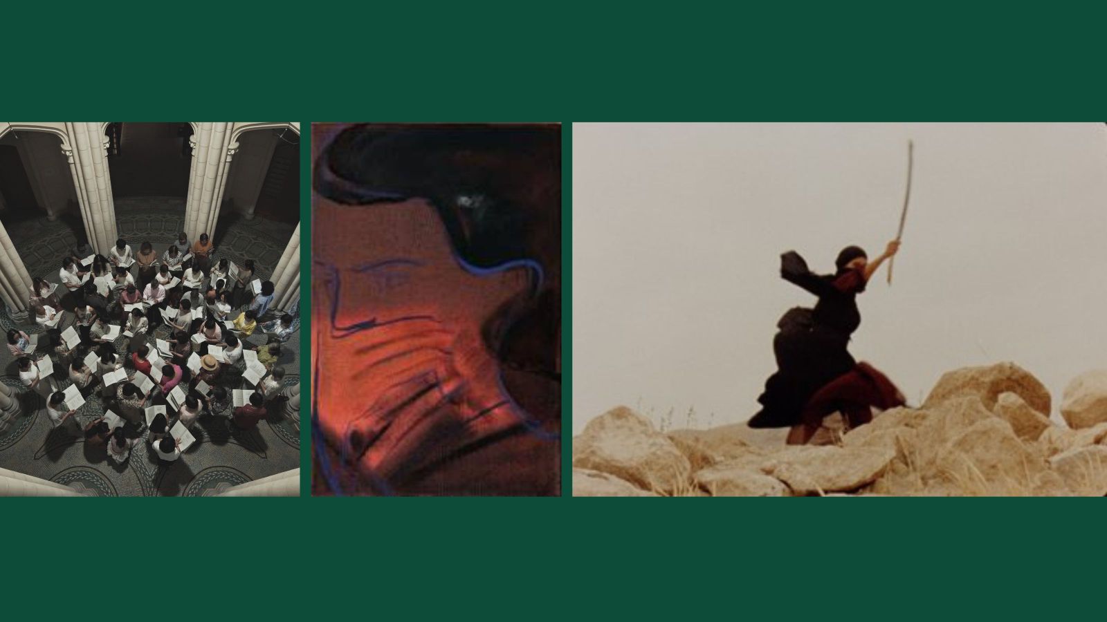 one shows a choir from above, one a person in sepia holding a glove over their mouth, the third a woman in black poised to fight on the rocks