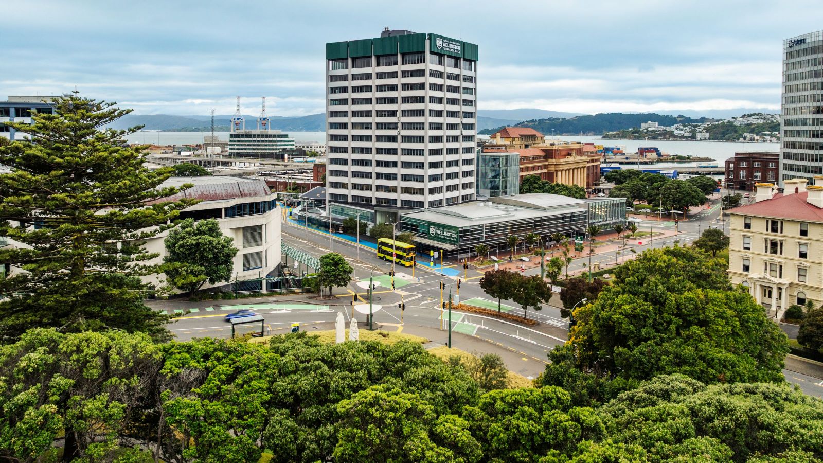 aerial image showing several large buildings, including the 12-storey rutherford house