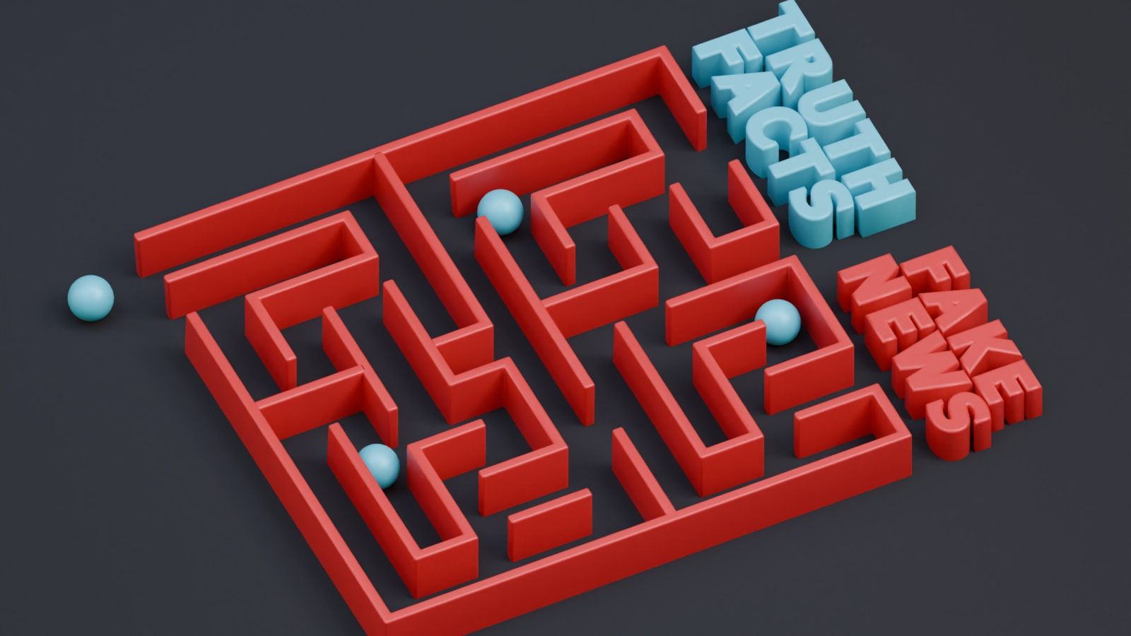 A maze with two pathways, one leading to fake news and the other to facts