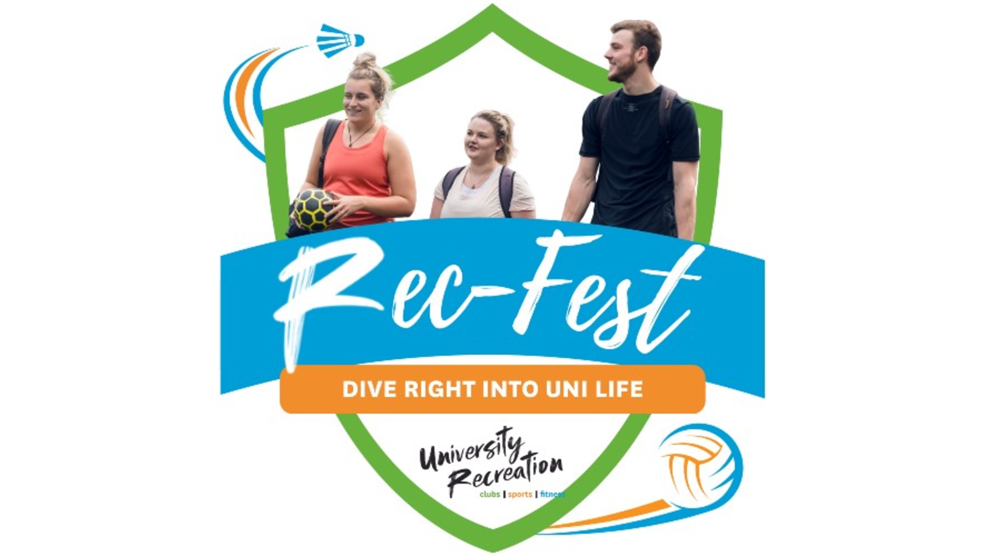 A RecFest logo, with three students playing sports