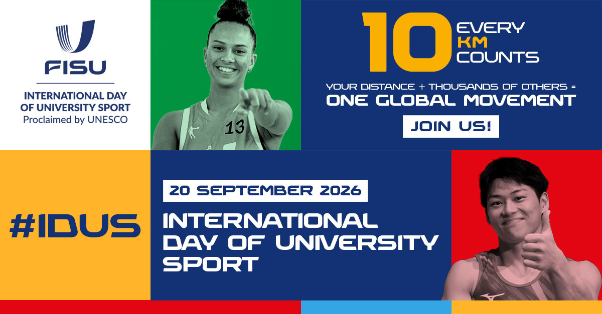 An image advertising the International Day of University Sports, with the IDUS logo, an image of a woman smiling and pointing forward, and a man smiling giving a thumbs up..