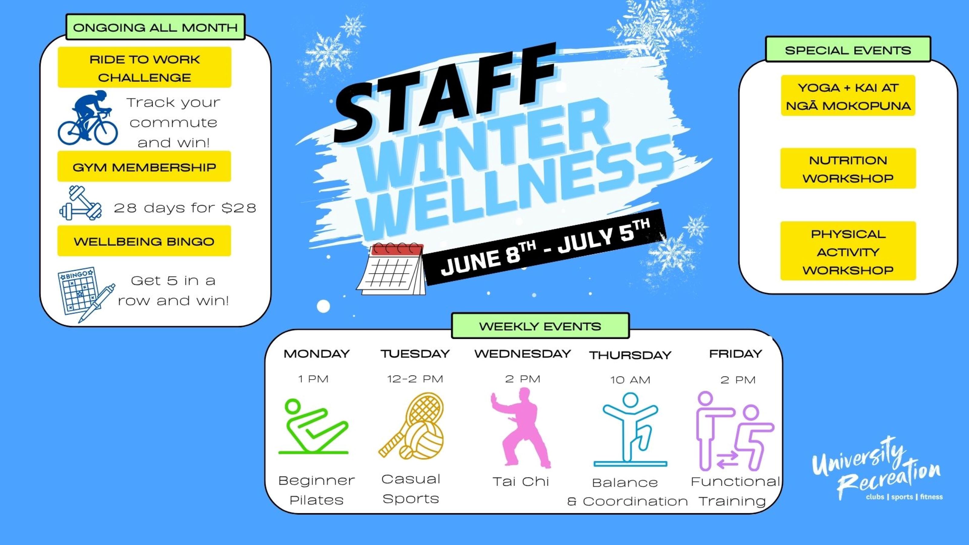 A poster advertising upcoming events for the Staff Winter Wellness initiative.