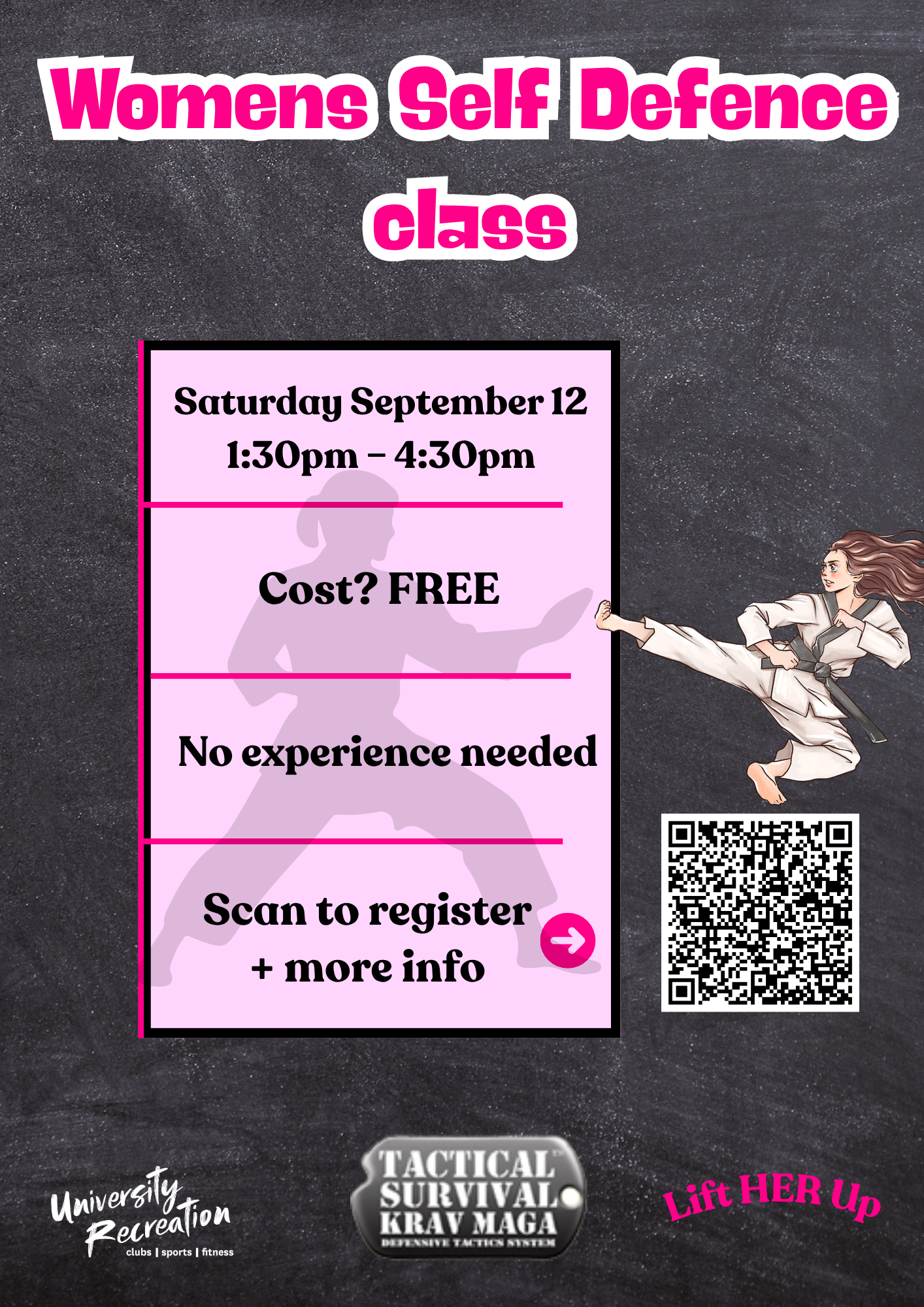 A poster outlining the details of the upcoming women's self defense class.