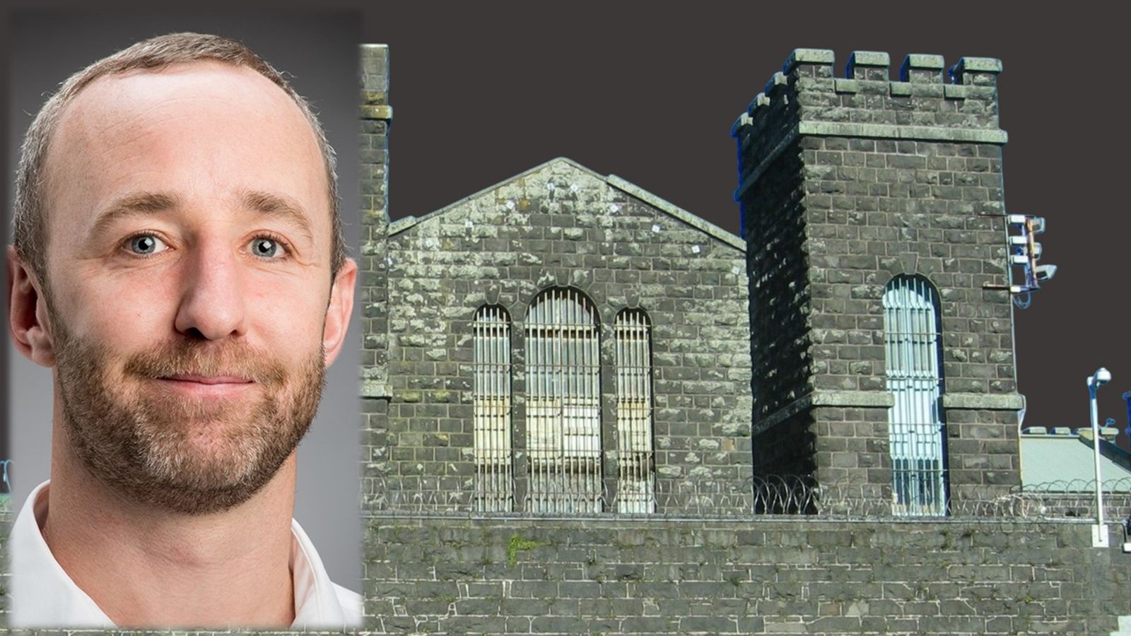 A photo montage. A man with a beard smiles at the camera. Next to him is a prison made of stone with barbed wire.