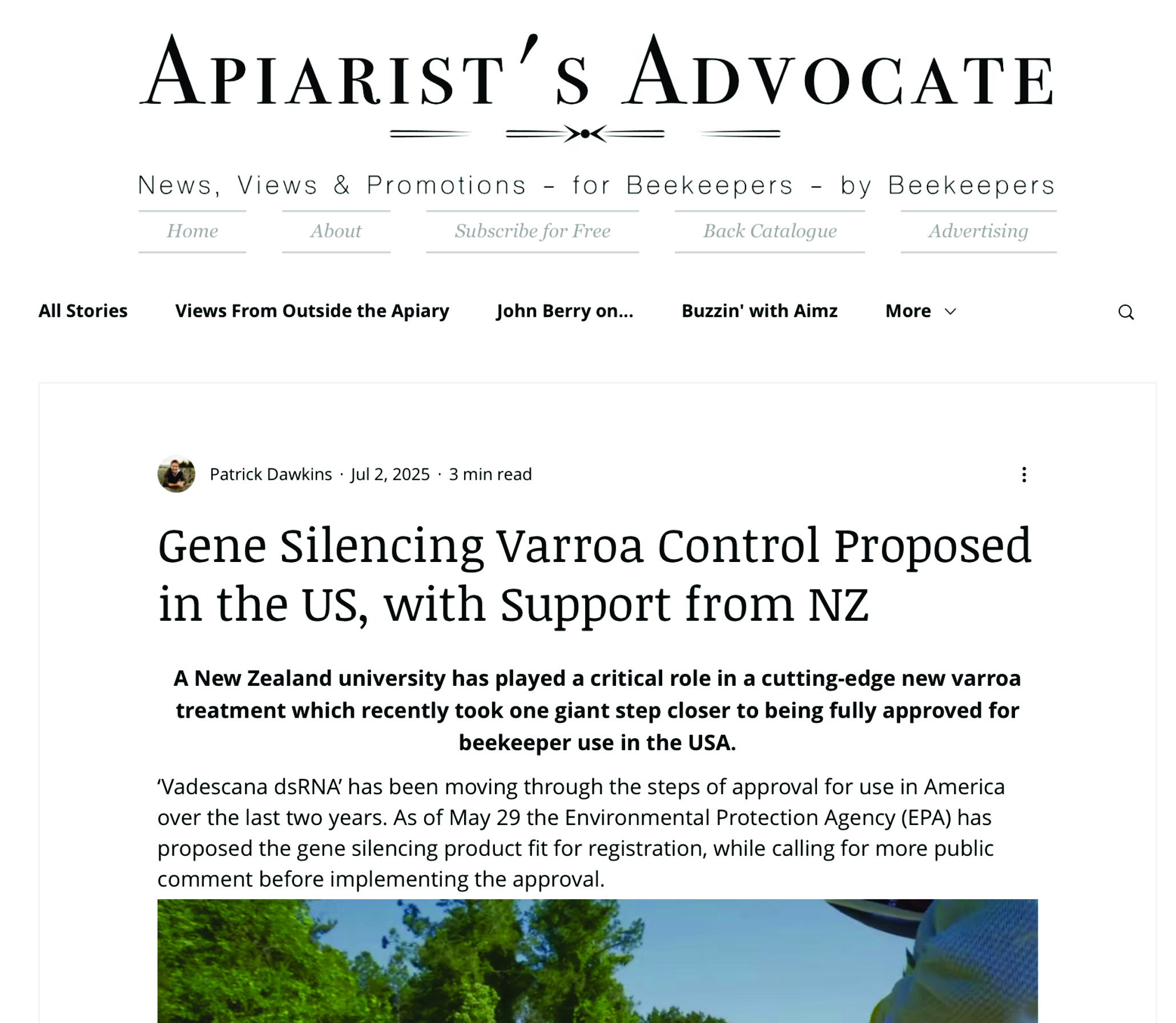 Screenshot of an Apiarist&rsquo;s Advocate article titled &ldquo;Gene Silencing Varroa Control Proposed in the US, with Support from NZ&rdquo;.