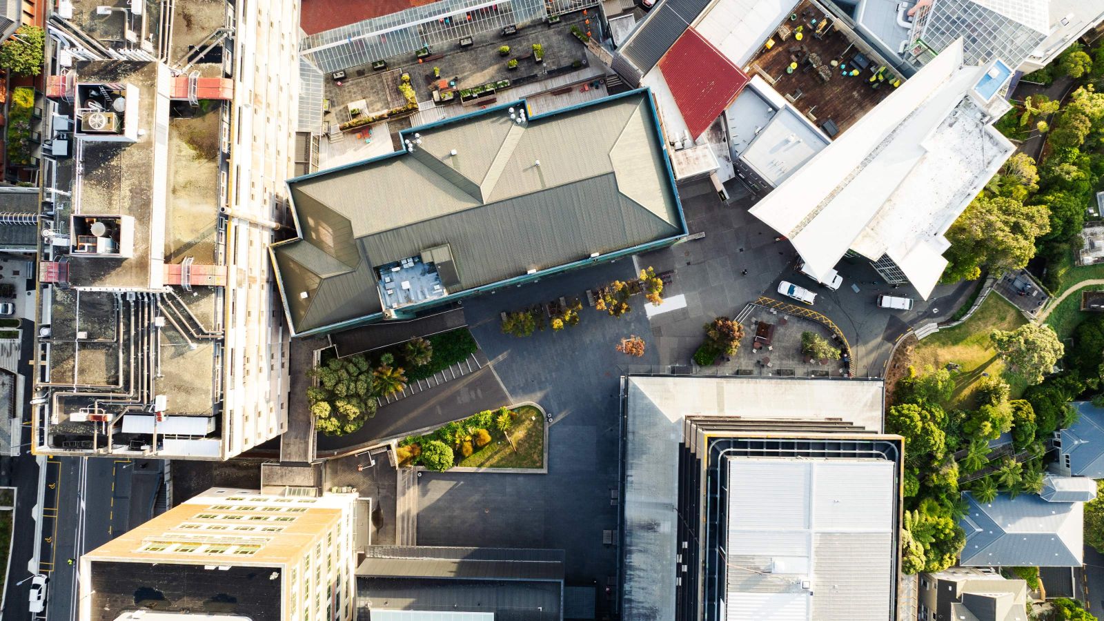 An aerial view of campus buildings, surrounded by areas of grass and tree