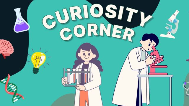 Cartoon image of two scientists in lab coats, with items such as a microscope, test tube, beaker, brain, and solar system 