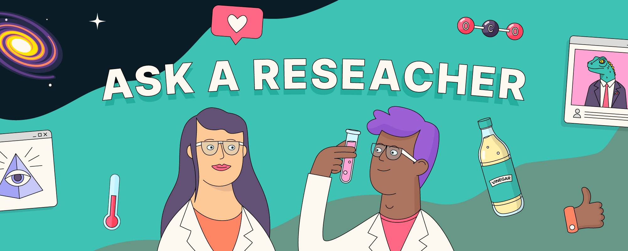An illustrated banner showing two scientists looking at a test tube with various scientific icons floating around them