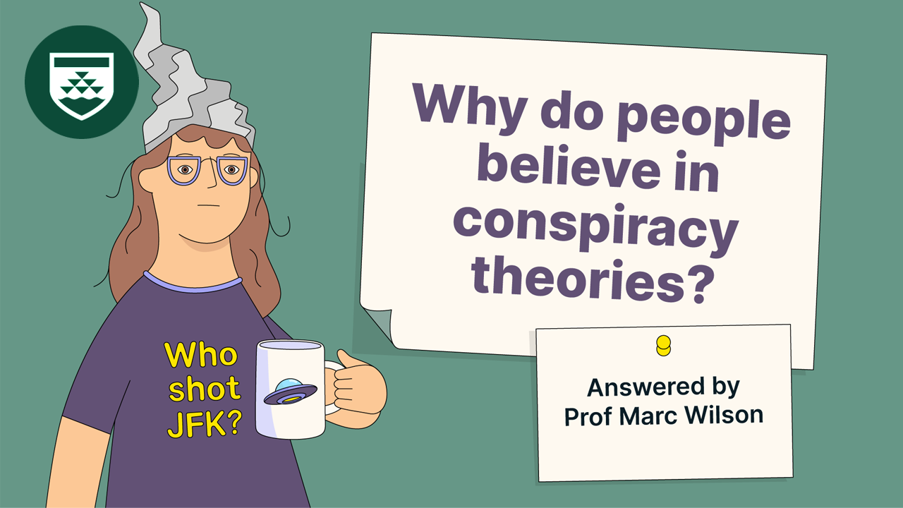 An illustrated image of a woman wearing a tinfoil hat holding a mug with a picture of a UFO on it. Text across the image reads 