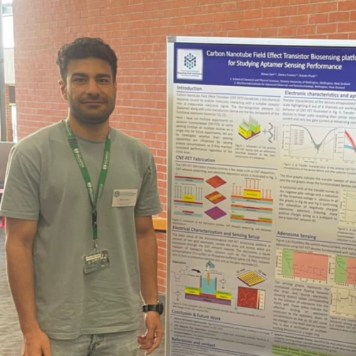 Physics PhD student Alireza Zare, wearing a grey tshirt and standing next to his poster on carbon nanotube biosensing for aptamer performance.