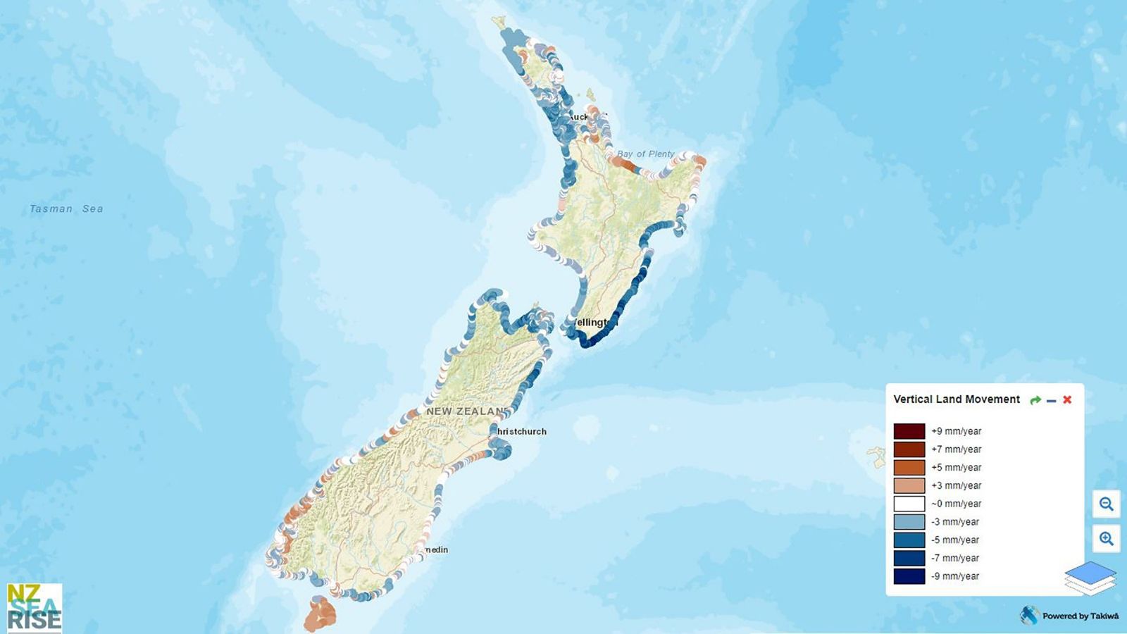 A map of New Zealand showing projected coastal sea level rise