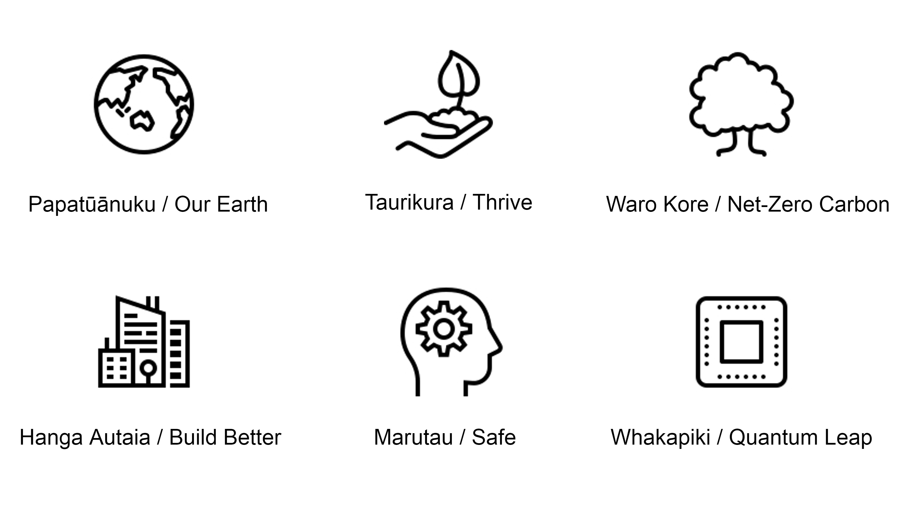 Six icons and Māori and English versions of SHEADI's values: Papatūānuku—Our Earth, Taurikura—Thrive, Waro Kore—Net-Zero Carbon, Hanga Autaia—Build Better, Marutau—Safe, Whakapiki—Quantum Leap