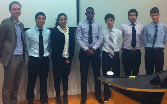 (left to right) Jean-Grégoire Bernard, Senior Lecturer with Team Synergy: Justin Stewart, Nahida Ali, Fatah Jimale, Jinbo Chi, Daniel McKenna, and Hudson Foon