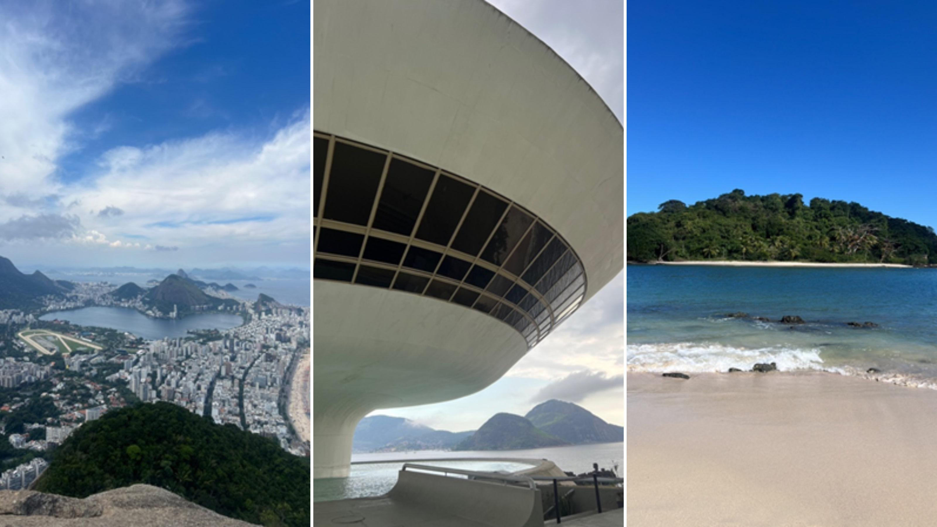 A three-image collage from Rio de Janeiro. Left: a high panoramic view over Rio showing a lagoon, surrounding mountains, and dense city buildings along the coastline under a partly cloudy sky. Centre: the curved exterior of the Niterói Contemporary Art Museum with its white, futuristic structure overlooking the water and mountains. Right: a quiet sandy beach with small waves, clear blue water, and a green, tree-covered island in the background under a bright blue sky
