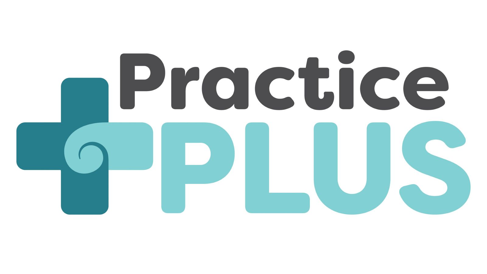 Blue logo saying Practice Plus on white background