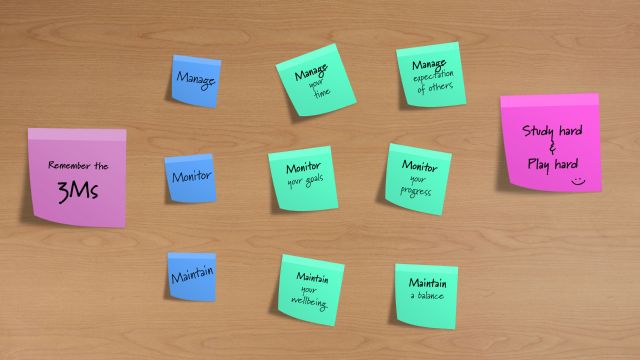 A table with sticky notes, that promote, management, monitoring and maintenance.