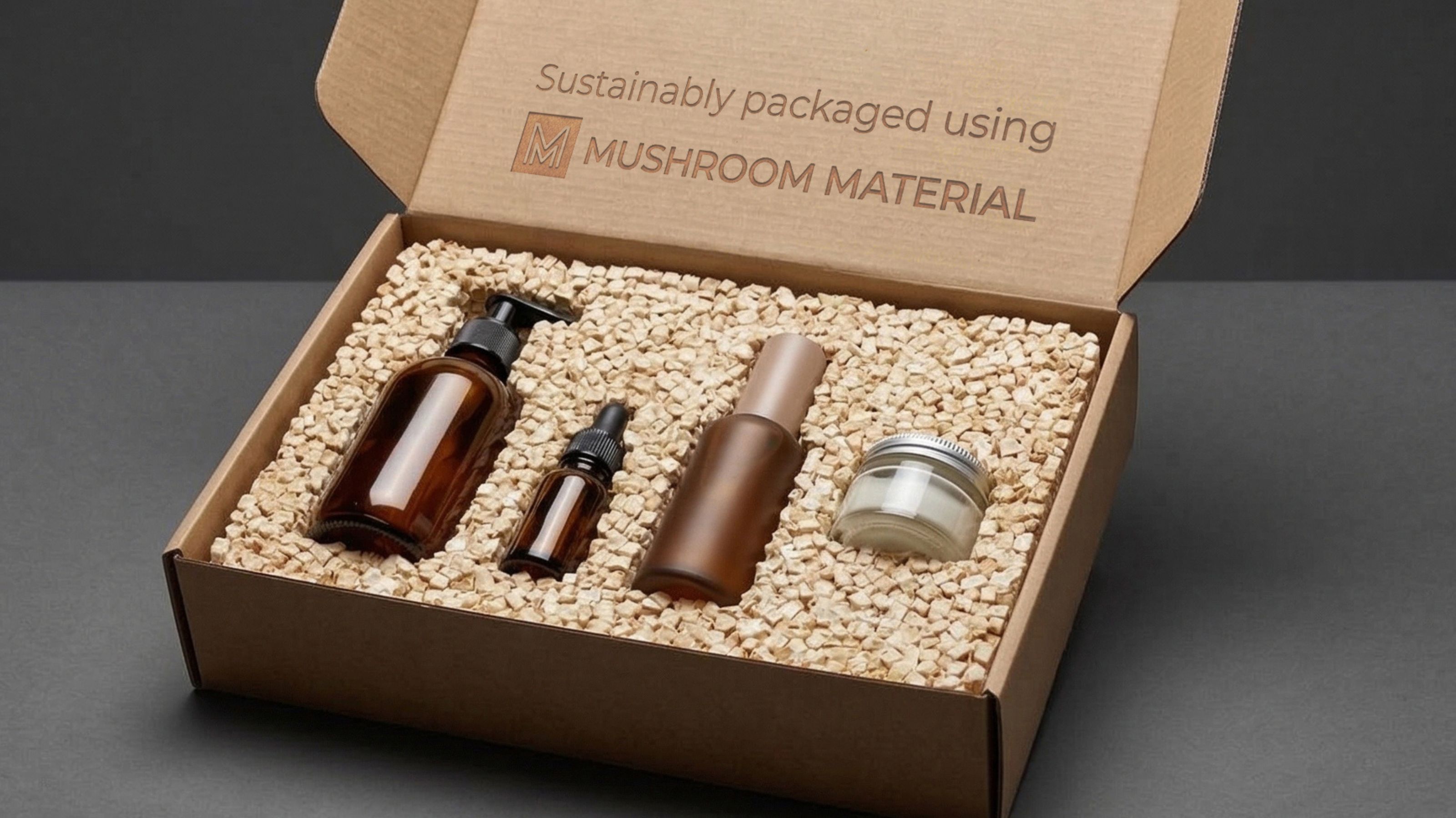 A cardboard box of four small bottles nestled in innovative packaging made from mycelium pellets, beige coloured