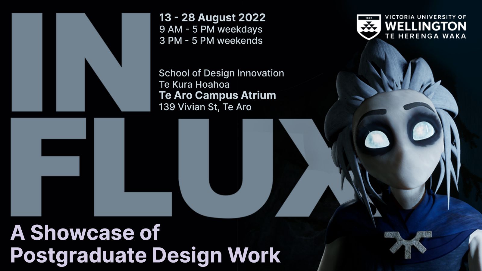 poster titled influx with a black background and an animated figure with white eyes