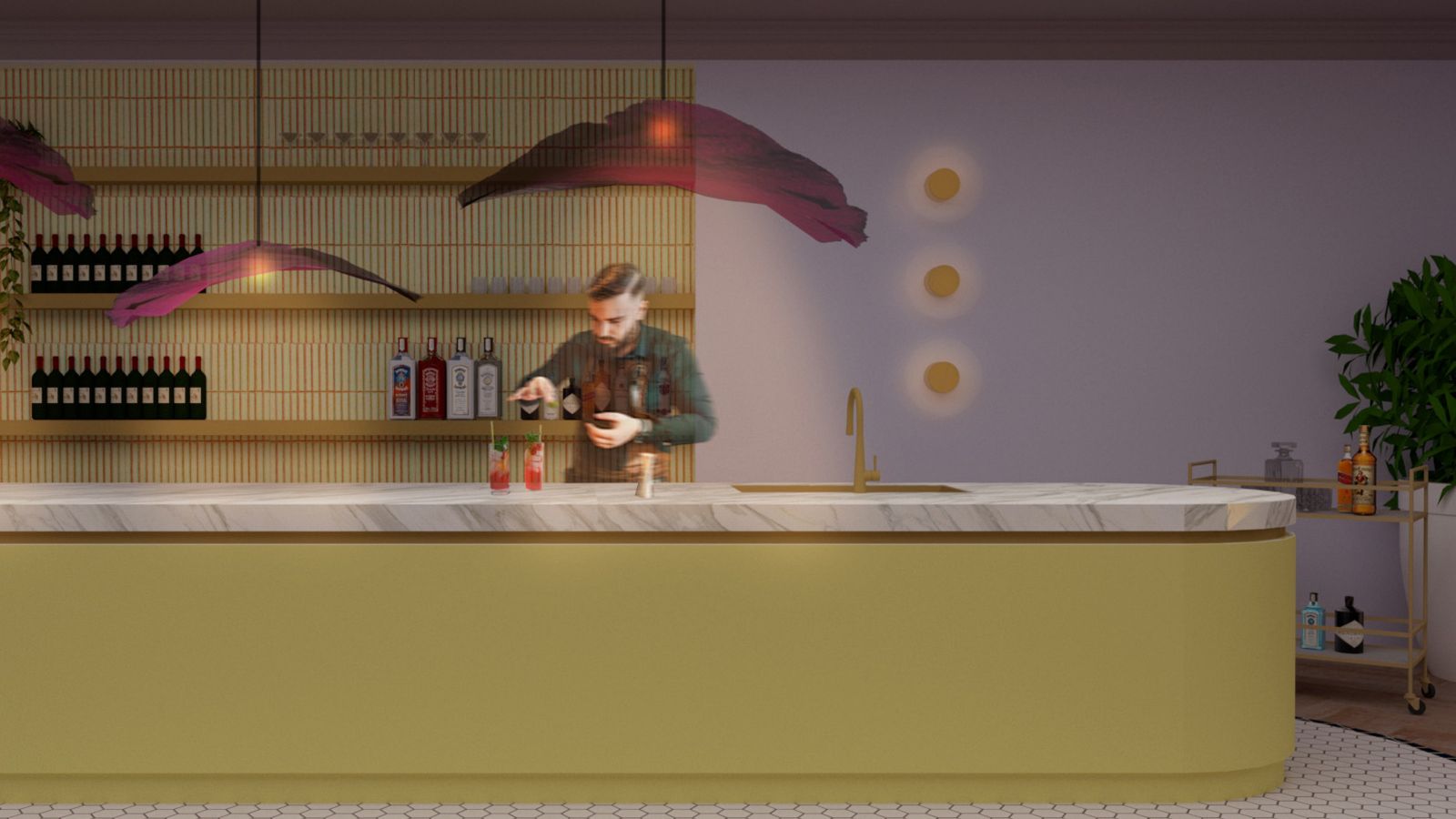A man mixes a cocktail behind a modern bar.