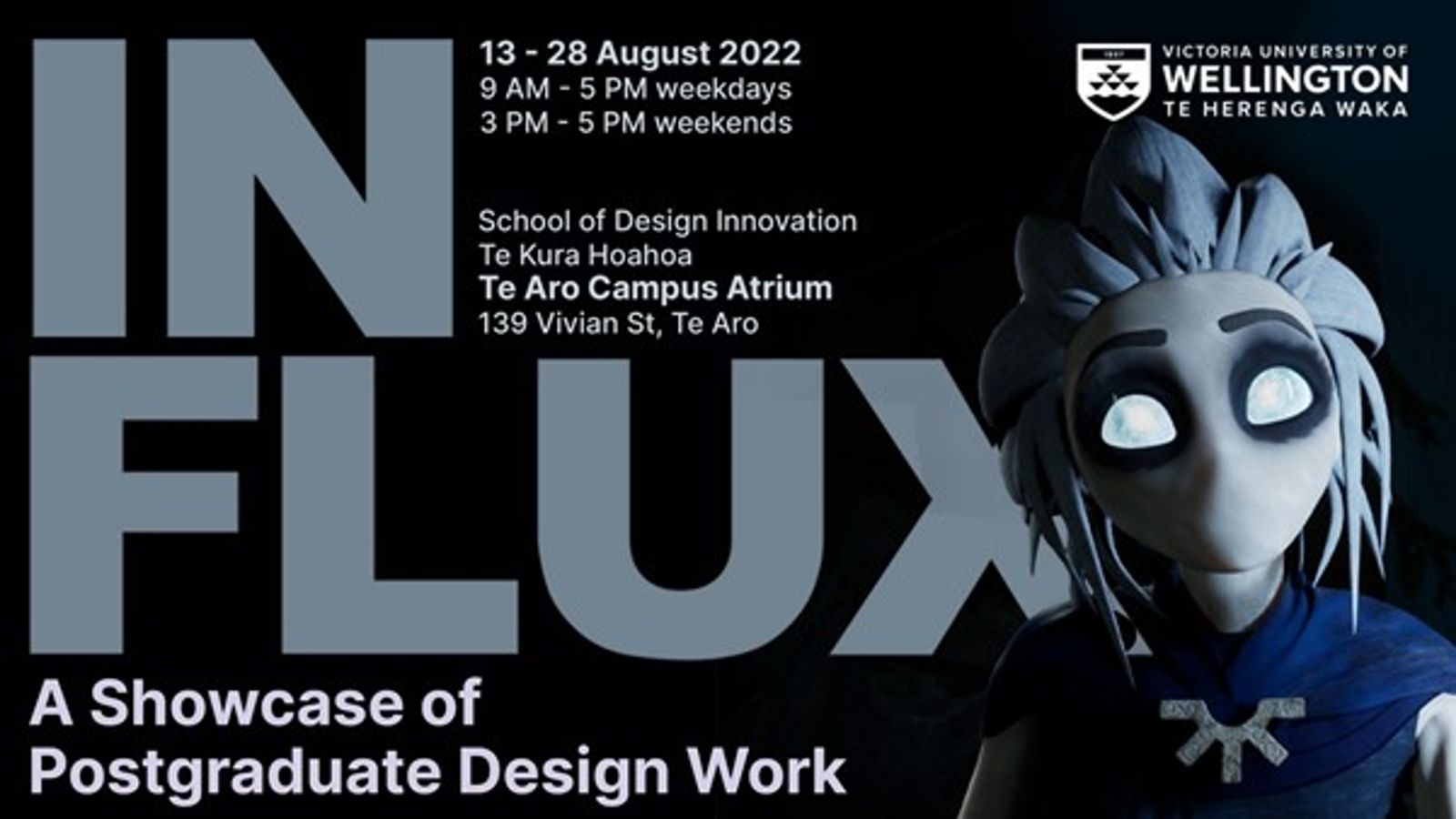 Poster advertising the INFLUX exhibition at Te Aro campus