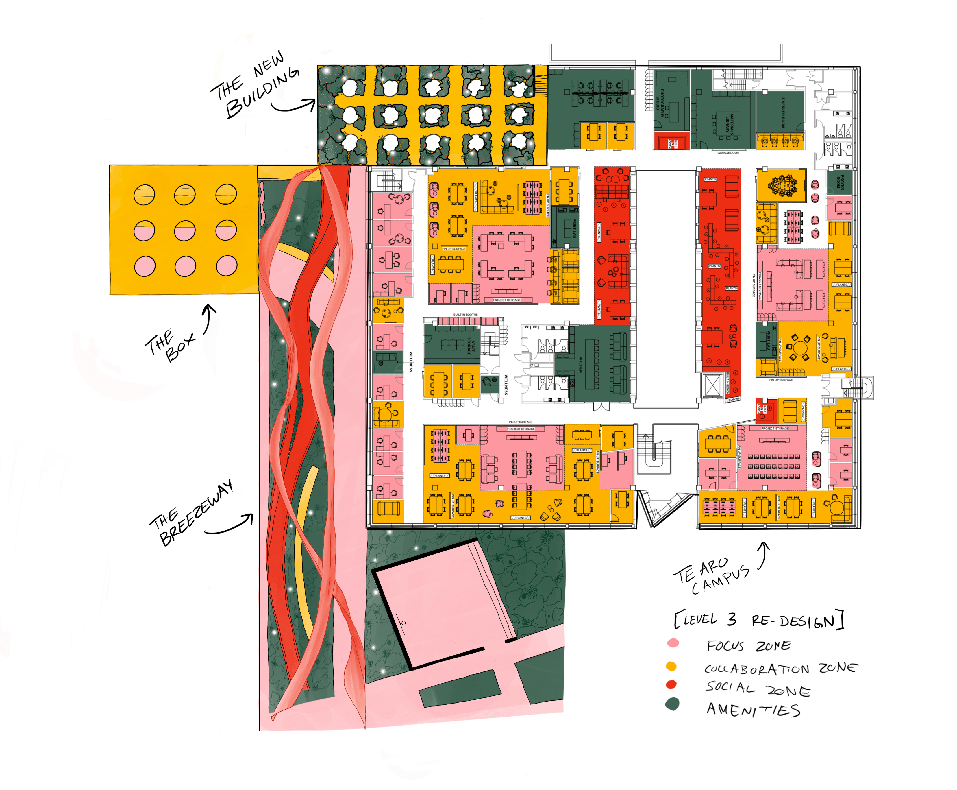 A plan-view of the breezeway moving through the school building.