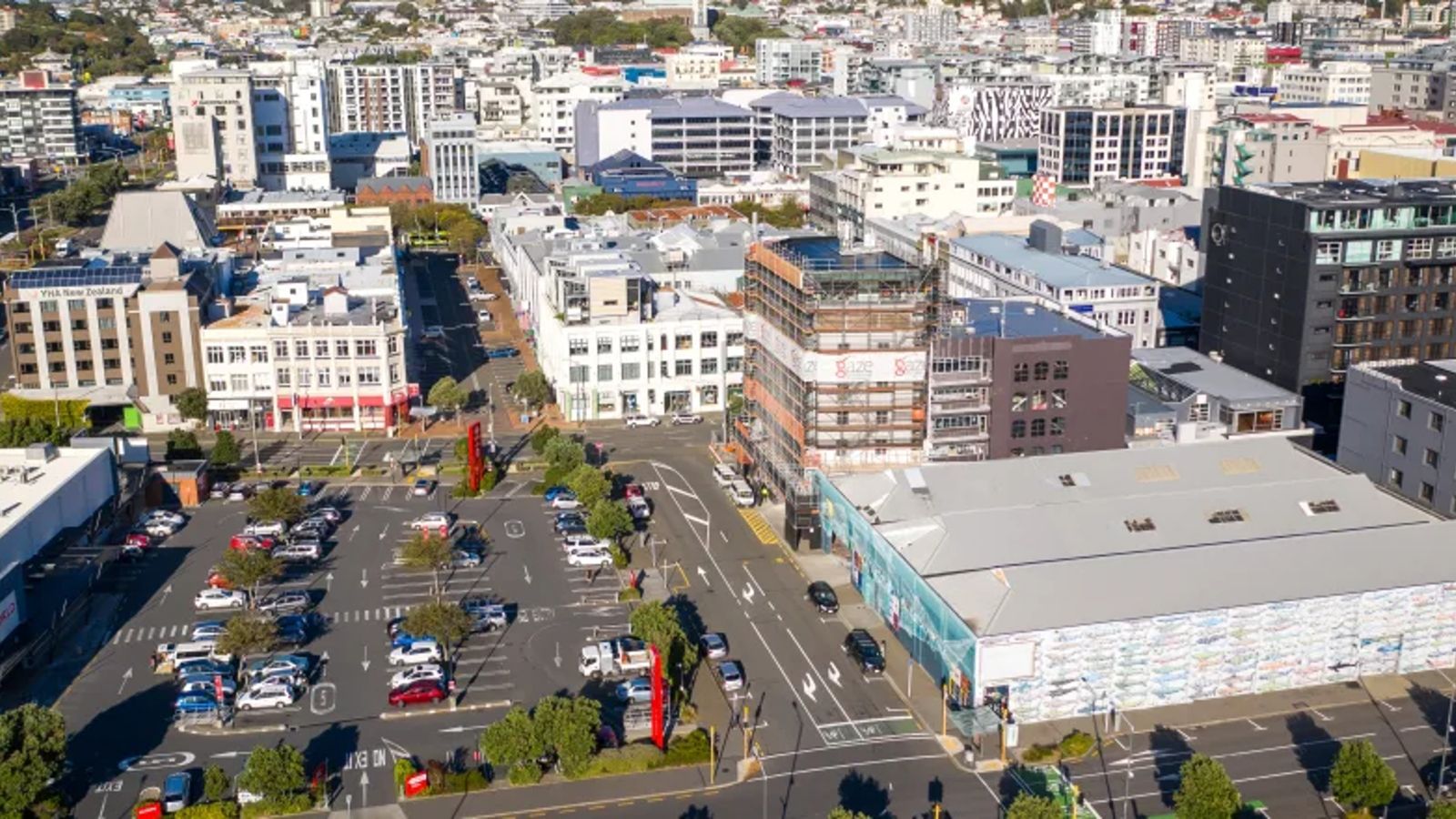 A view over the buildings and carparks near Courtenay Place, Wellington