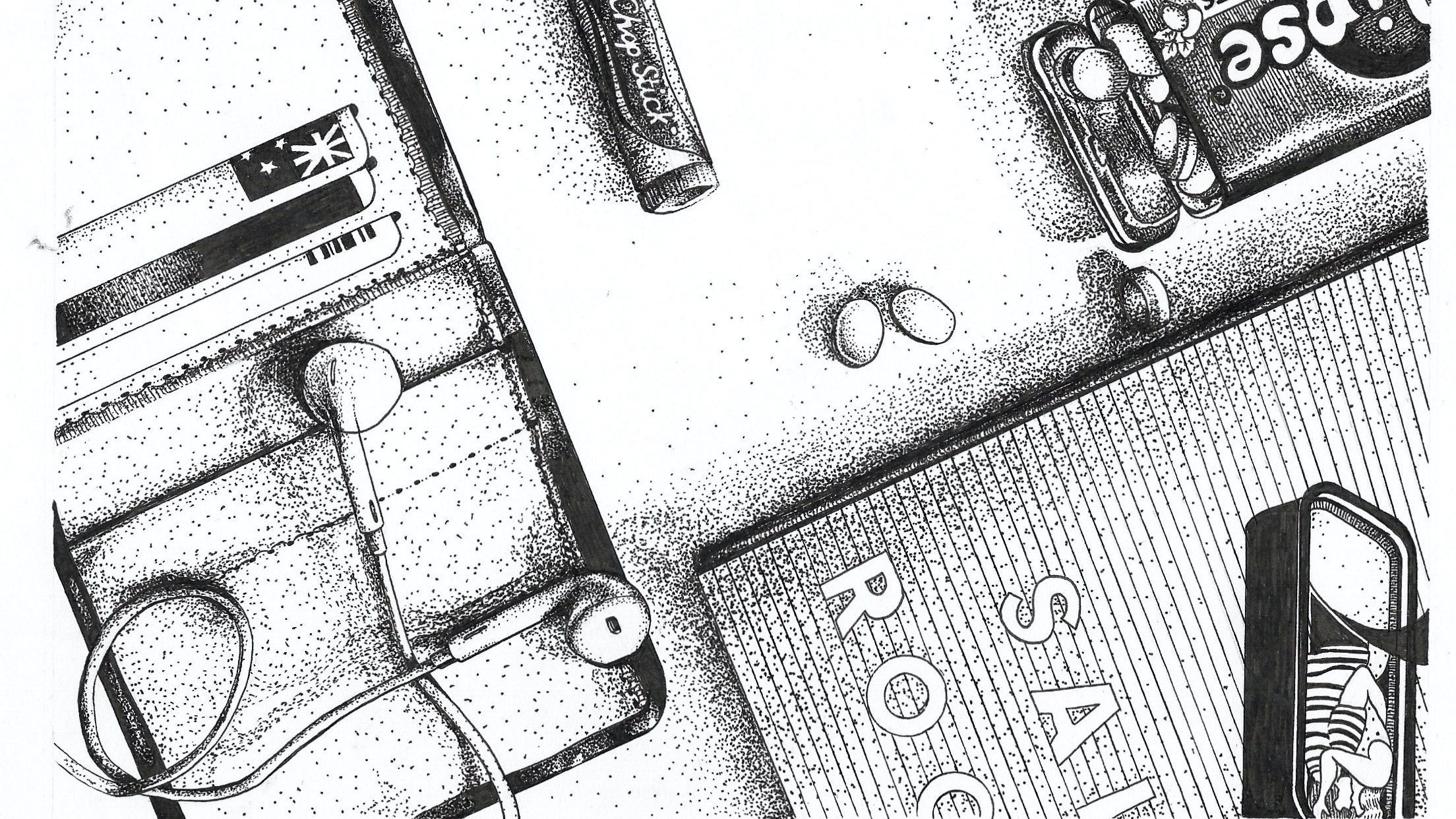 Black and white drawing of a journal, wallet, headphones, menthos and a lip balm