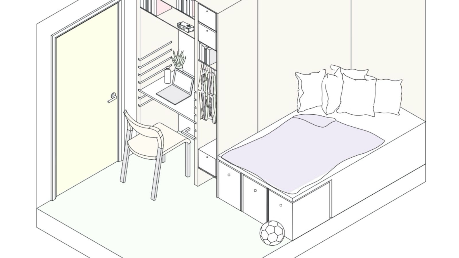 Sketch of a compact studio with a bed, shelf-desk and chair