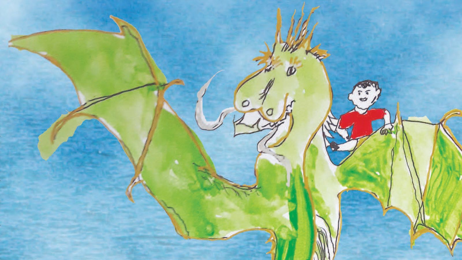 A drawing of a young boy riding a green dragon.